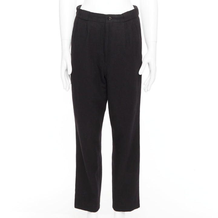 YOHJI YAMAMOTO navy 100% wool pleated front back flap tapered pants M