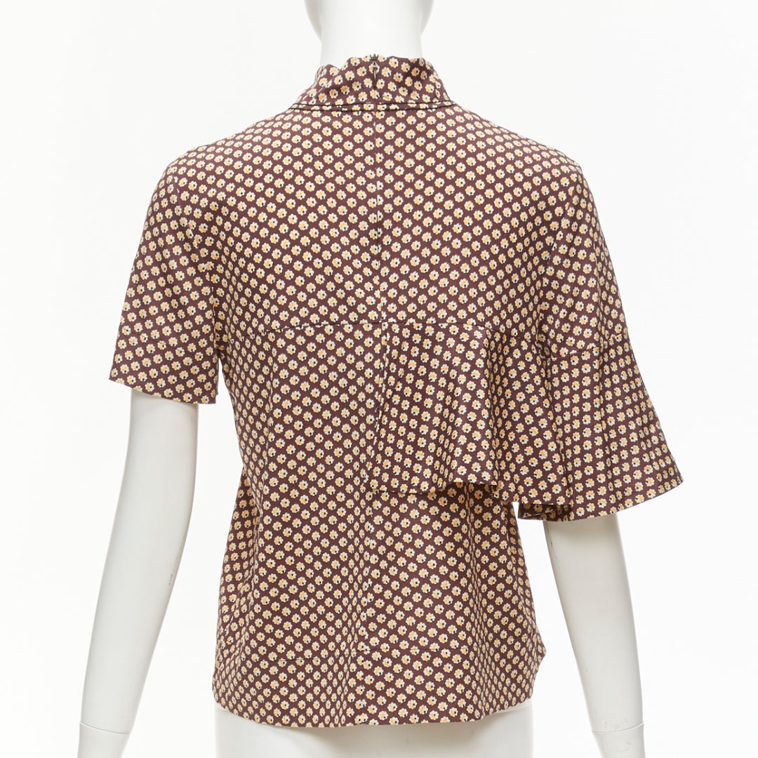 MARNI brown yellow floral asymmetric ruffle drapes hi neck top IT38 XS