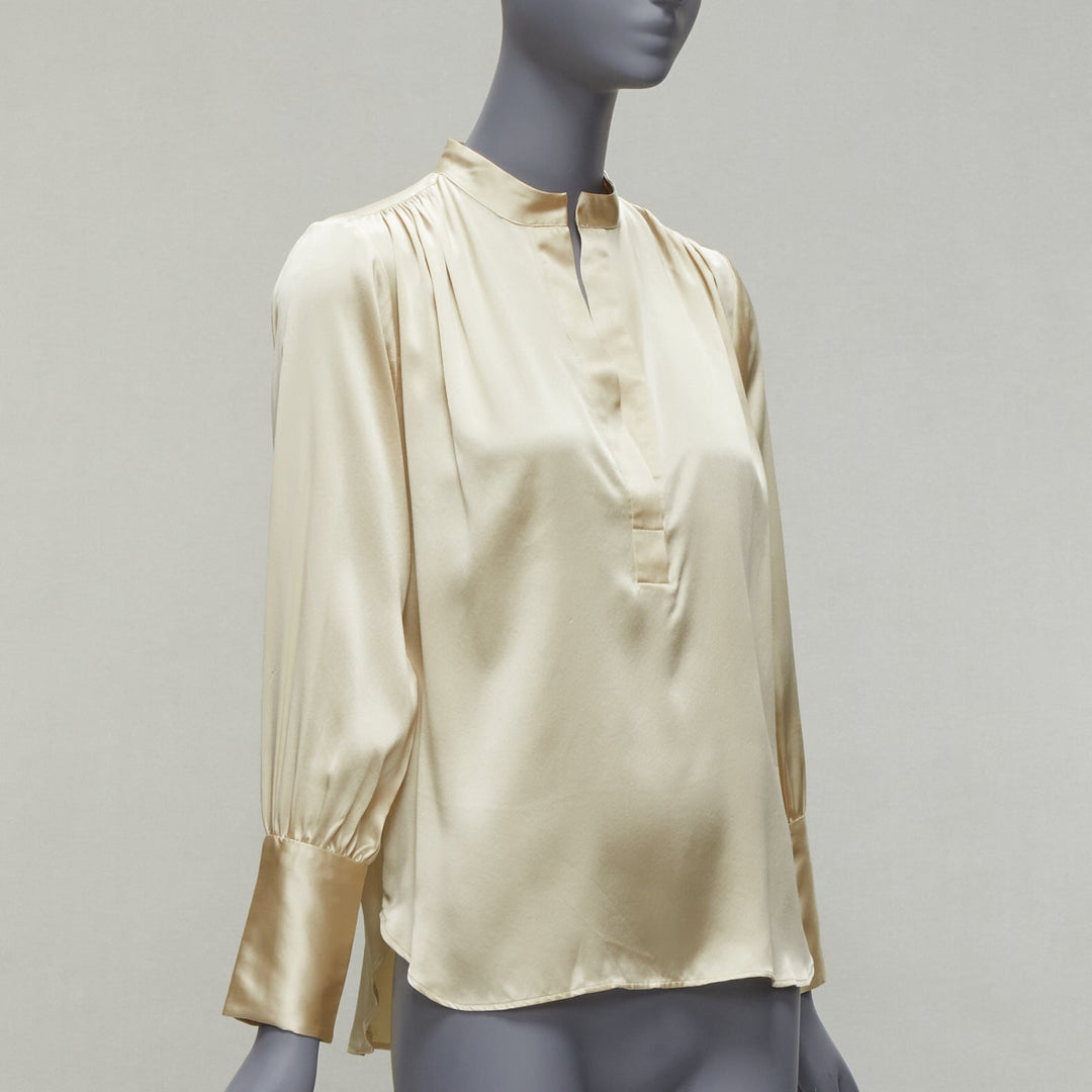 NILI LOTAN 100% silk champagne pleated shoulder seam V neck popover blouse XS