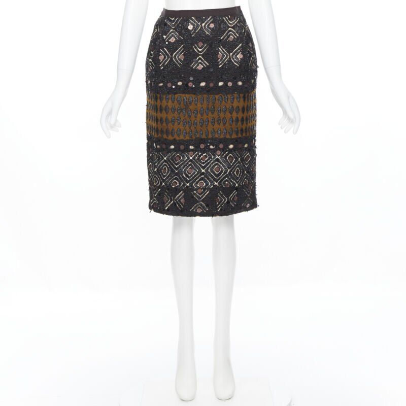 OSCAR DE LA RENTA 2008 brown raffia sequins embellished jacquard skirt US0 24"