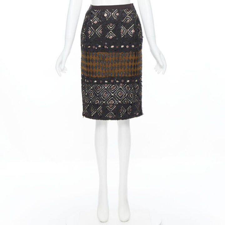 OSCAR DE LA RENTA 2008 brown raffia sequins embellished jacquard skirt US0 24"