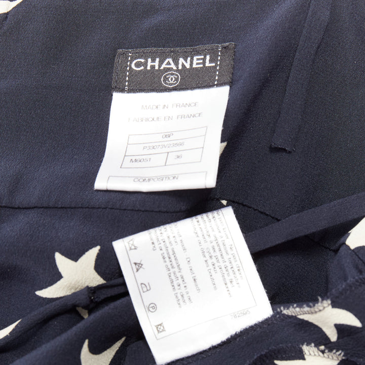 CHANEL 2008 navy off white 100% silk CC logo moon star bow camisole FR36 S