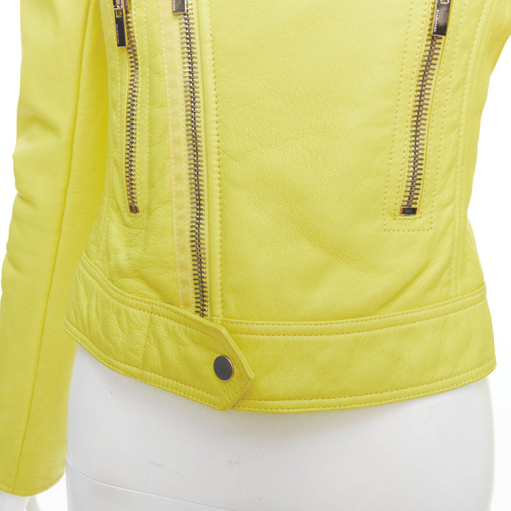 BALENCIAGA 2014 yellow lambskin leather crop biker jacket FR38 M