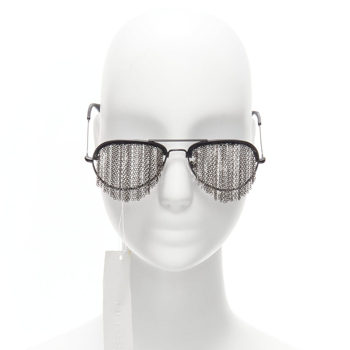 rare BLESS Duo Fringe black chain no lens aviator sunglasses