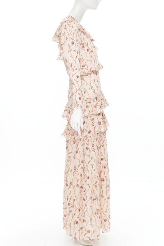 JOHANNA ORTIZ Mysterious Soul beige floral one shoulder tier maxi dress US2 XS