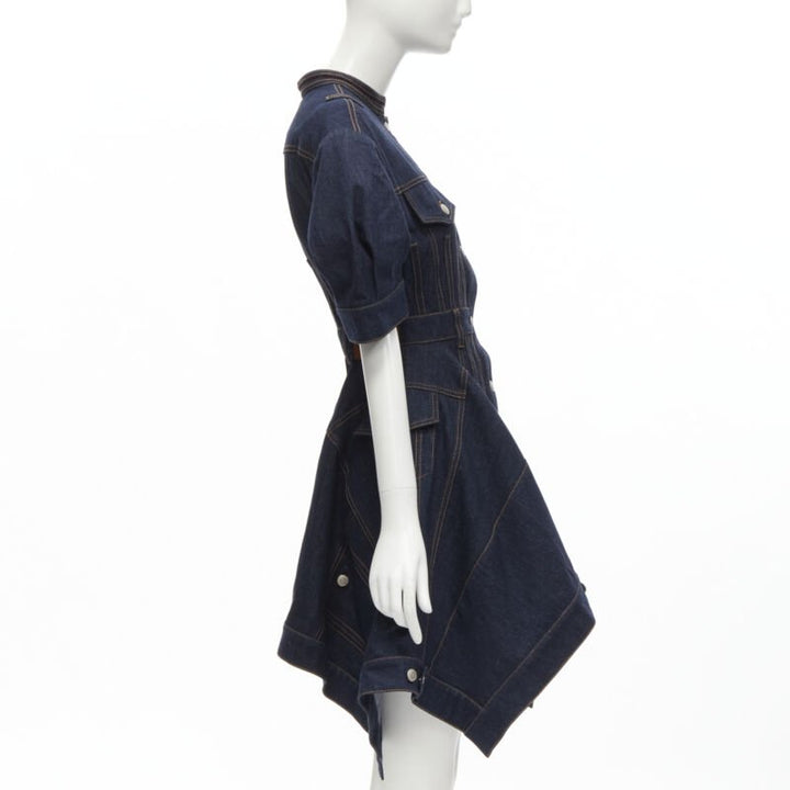 ALEXANDER MCQUEEN 2022 indigo blue denim corset rounded sleeve dress IT38 XS