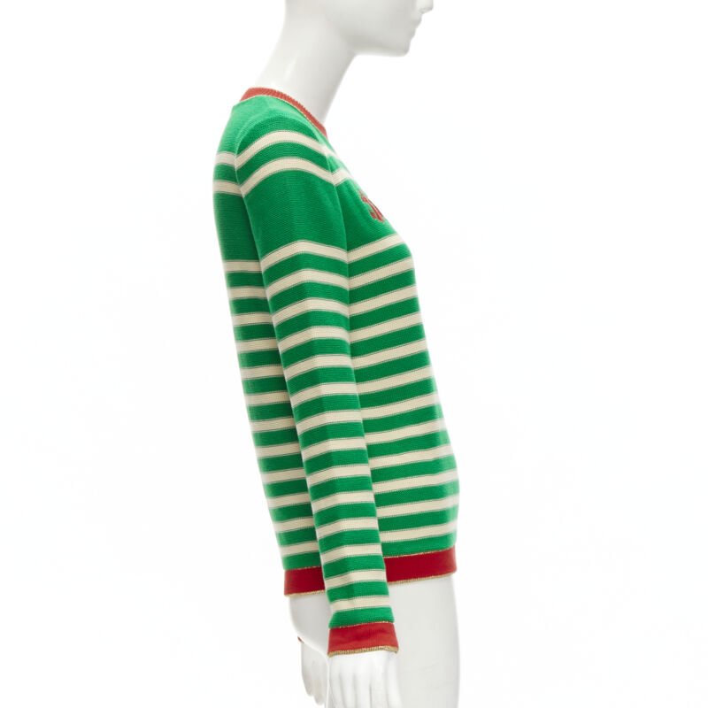 GUCCI Nautical sailor intarsia embroidery green beige striped sweater XS