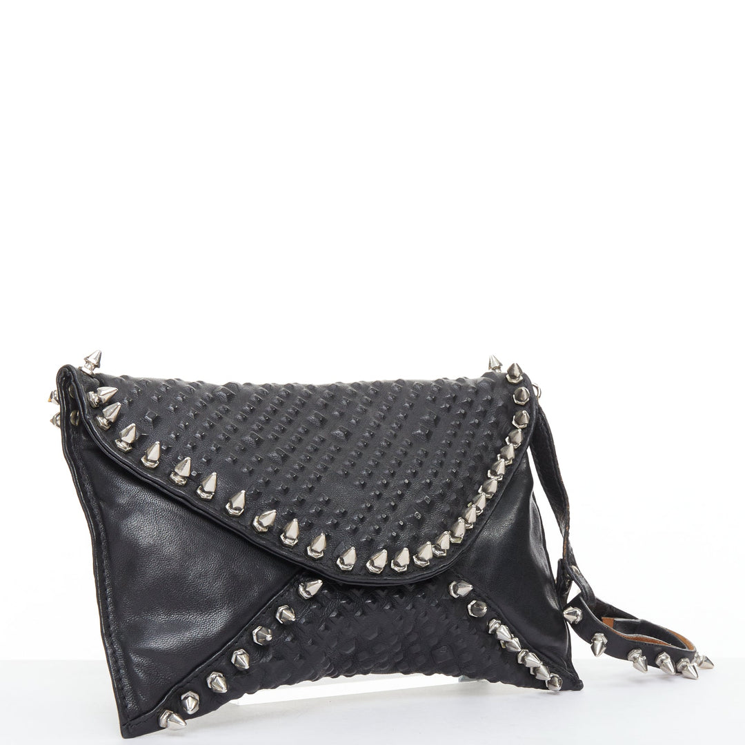 MAISON DU POSH black tonal stud silver spike leather studded envelop clutch bag