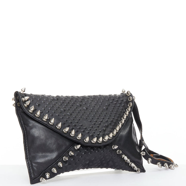 MAISON DU POSH black tonal stud silver spike leather studded envelop clutch bag