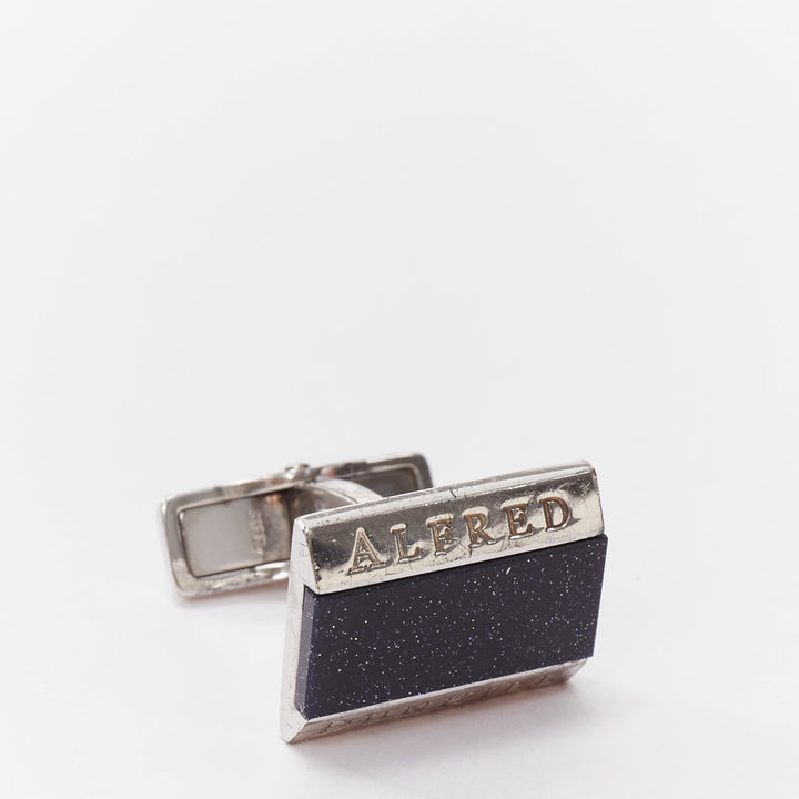 ALFRED DUNHILL 925 steel blue glitter surface split logo cufflinks