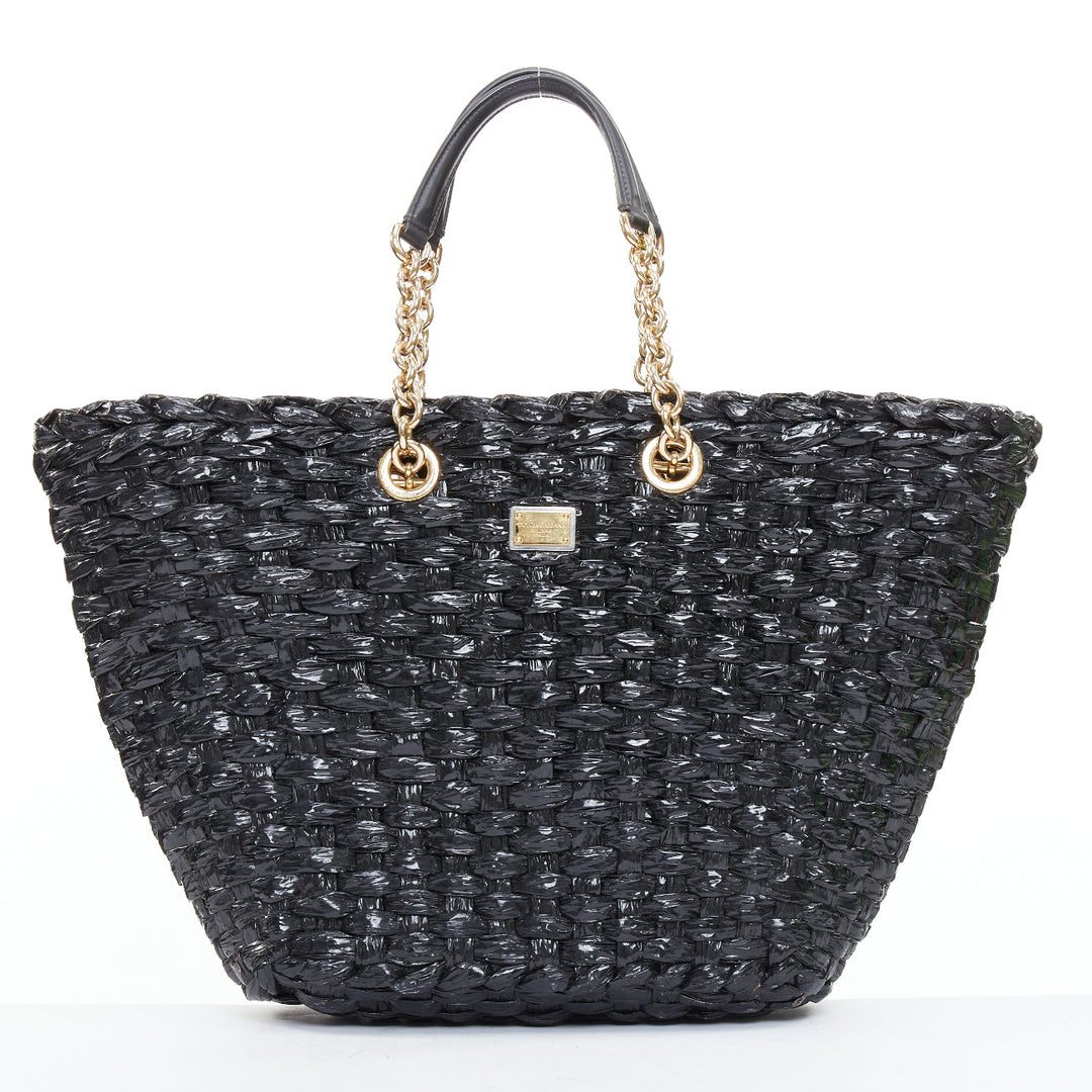 DOLCE GABBANA Vernice Vitello black lacquered raffia woven coffa large tote bag
