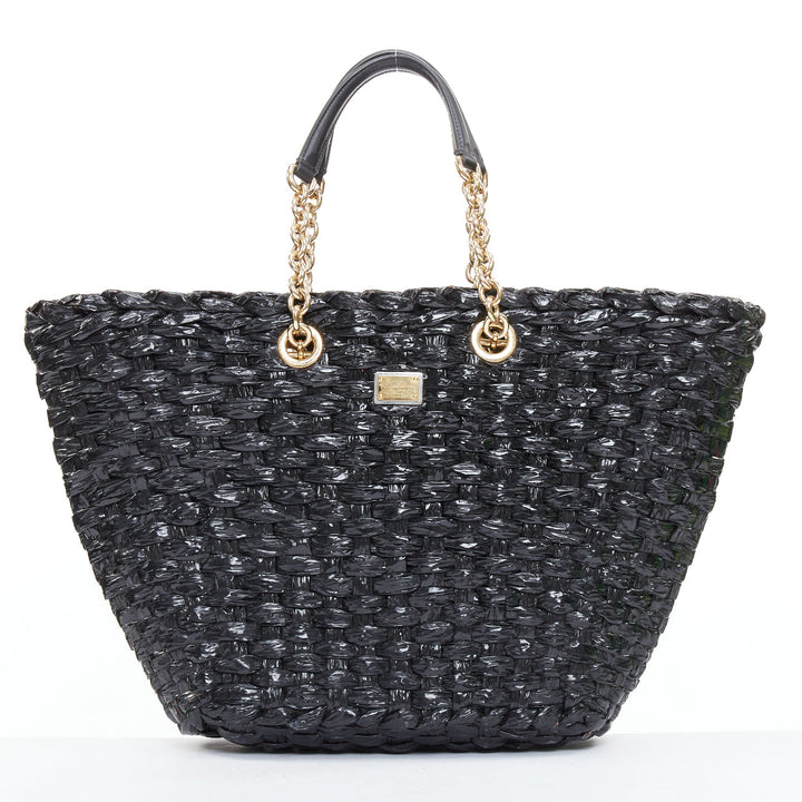 DOLCE GABBANA Vernice Vitello black lacquered raffia woven coffa large tote bag