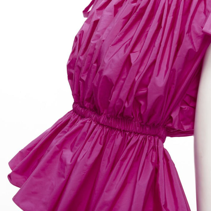 ALEXANDER MCQUEEN 2021 fuschia pink crinkled bow tie shoulder peplum top IT38 XS