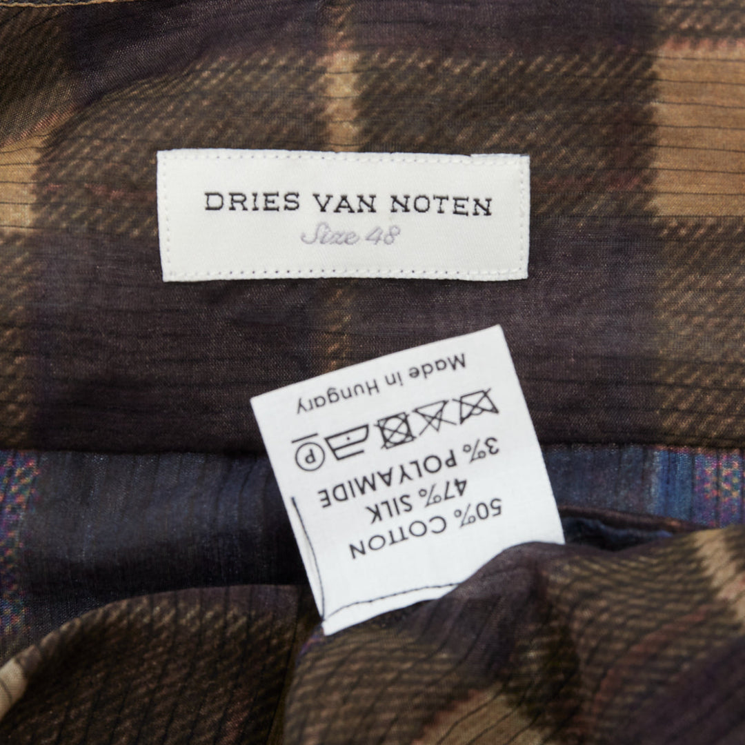 DRIES VAN NOTEN blue beige cotton silk sheer checked shirt IT48 M