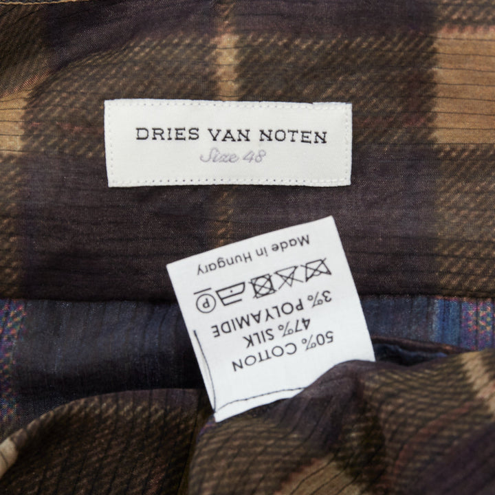 DRIES VAN NOTEN blue beige cotton silk sheer checked shirt IT48 M