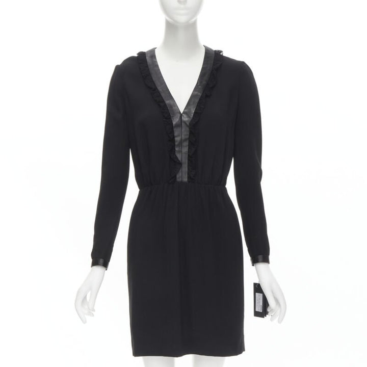 SAINT LAURENT Hedi Slimane 2013 black leather lace ruffle dress FR36 XS