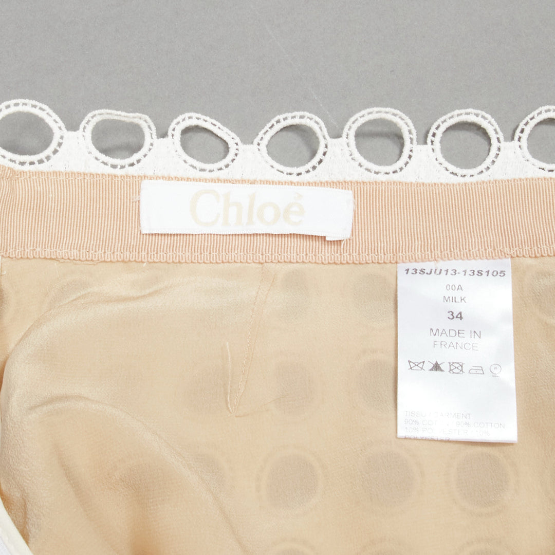 CHLOE white embroidery anglais eyelet layered silk lined skirt FR34 XS