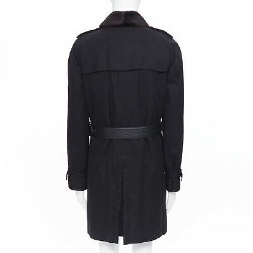 BURBERRY PRORSUM black cotton removable rabbit fur lining ostrich belt trench L
