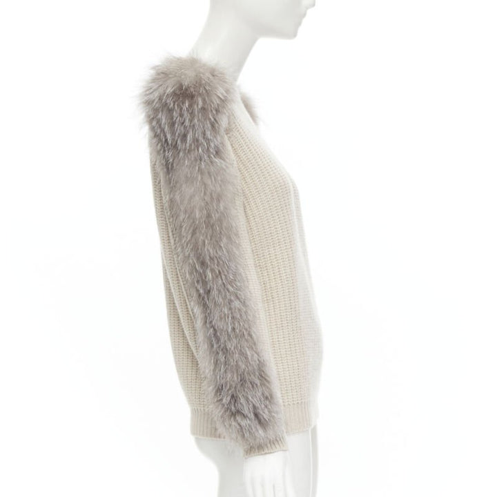 BRUNELLO CUCINELLI beige 100% cashmere grey fox fur sleeve waffle knit sweater M