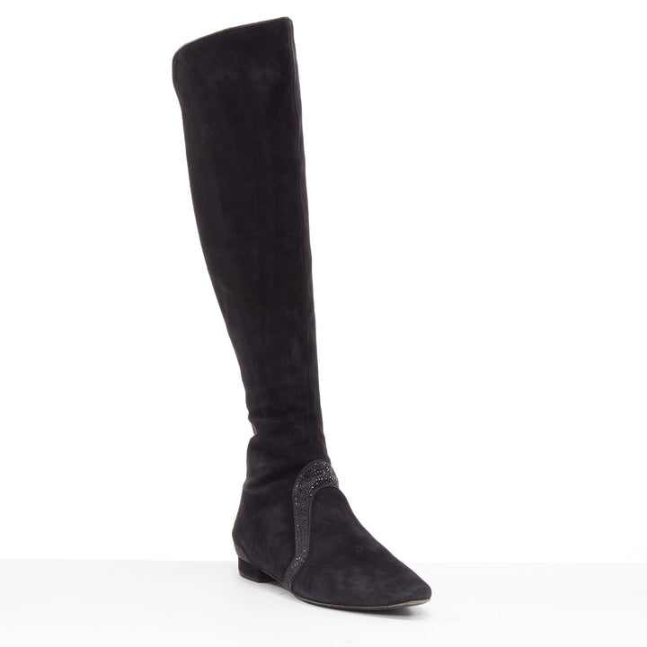RENE CAOVILLA black suede crystal strass back slit knee flat boot EU35.5