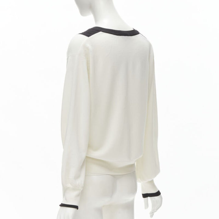 CHANEL 100% wool ivory white black intarsia chain schoolgirl sweater FR38 M