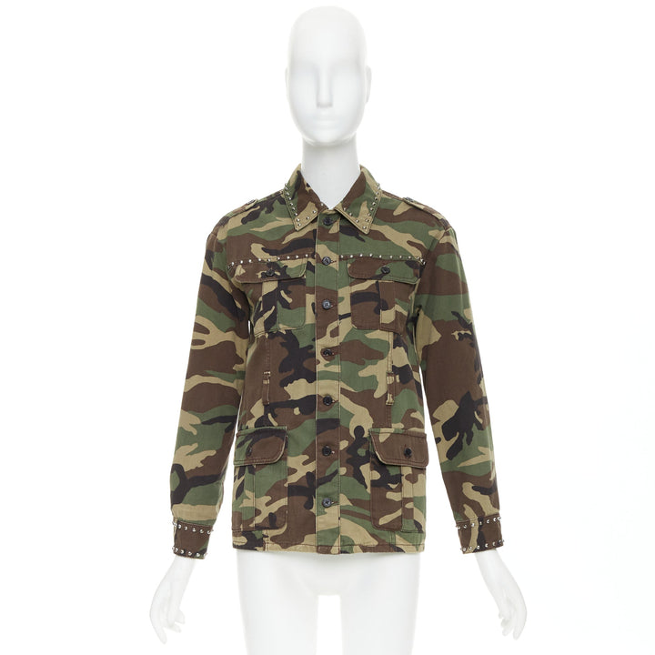 SAINT LAURENT 2015 green khaki camo print cotton studded army jacket XS