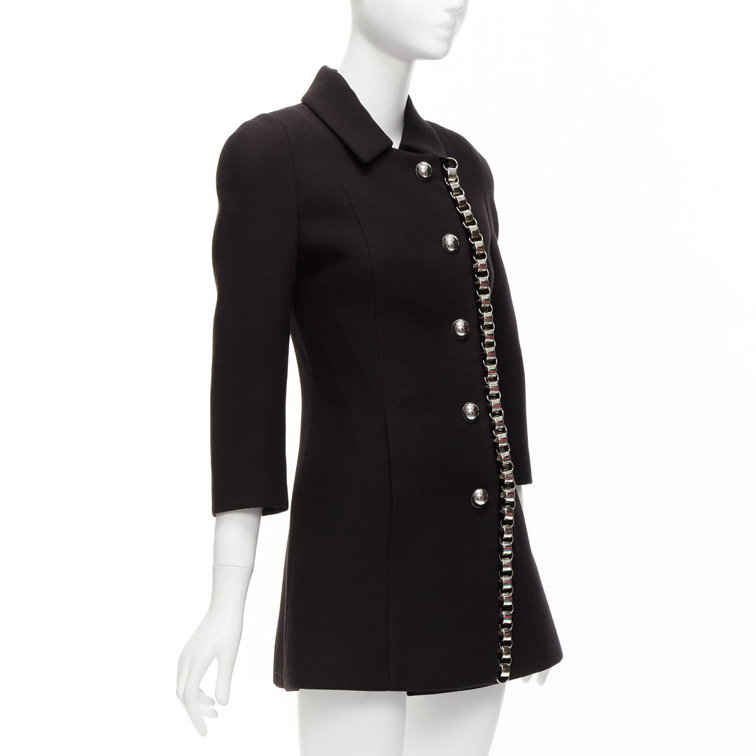 DAVID KOMA Runway Cady chunky chain trim black fit flare coat dress UK6 XS