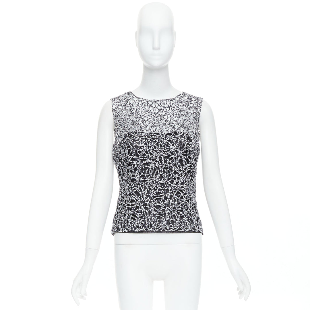 CHANEL 09P black white abstract print squiggle lattice sleeveless vest top FR40