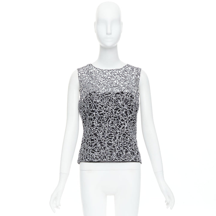 CHANEL 09P black white abstract print squiggle lattice sleeveless vest top FR40