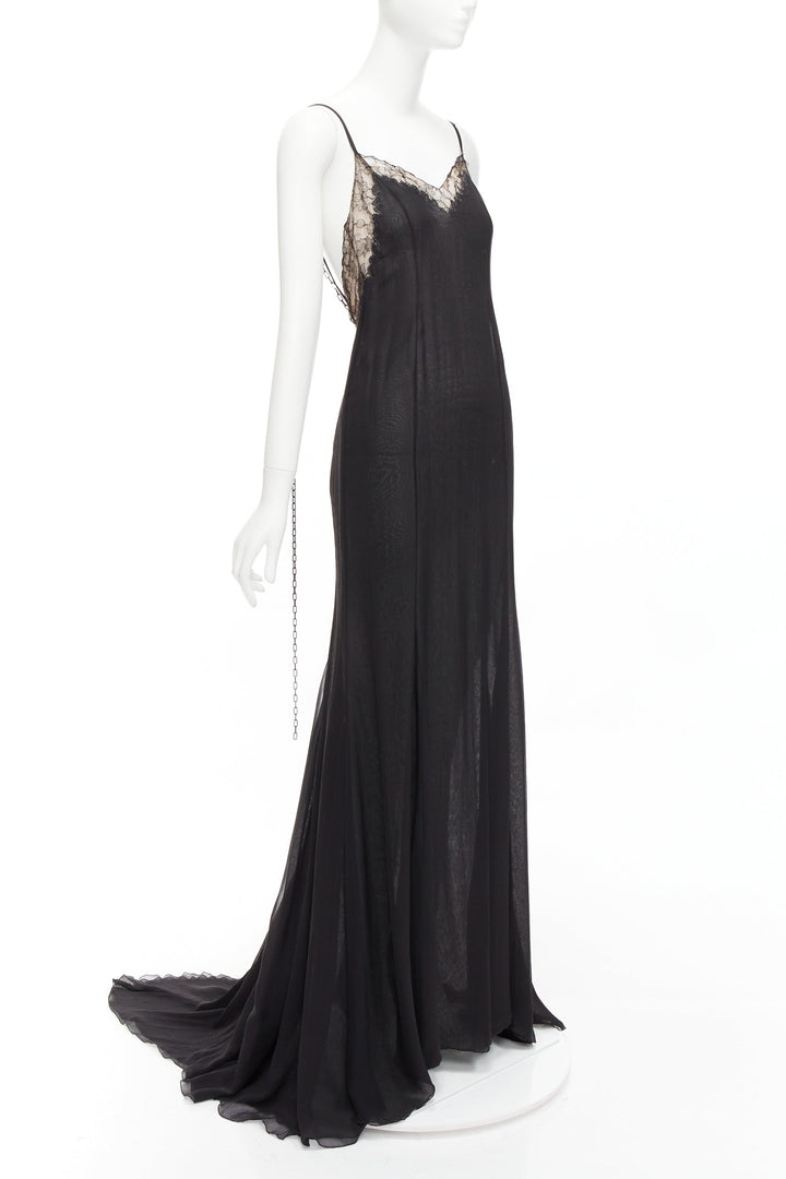 GIANNI VERSACE Vintage black punk chain detail lace trim sheer long gown IT38 XS