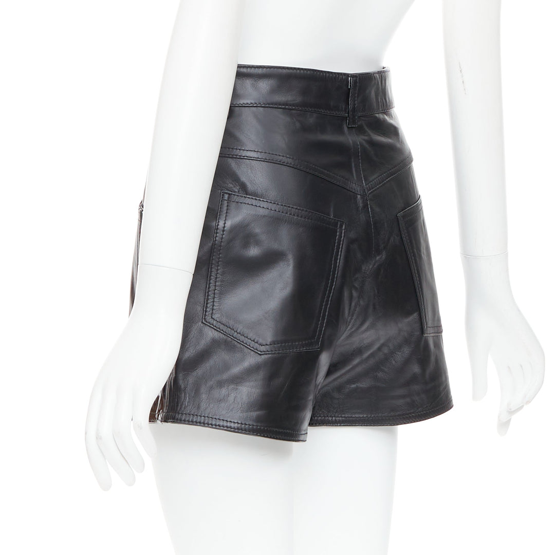 MANOKHI black genuine leather patent patch high waisted shorts FR34 XS