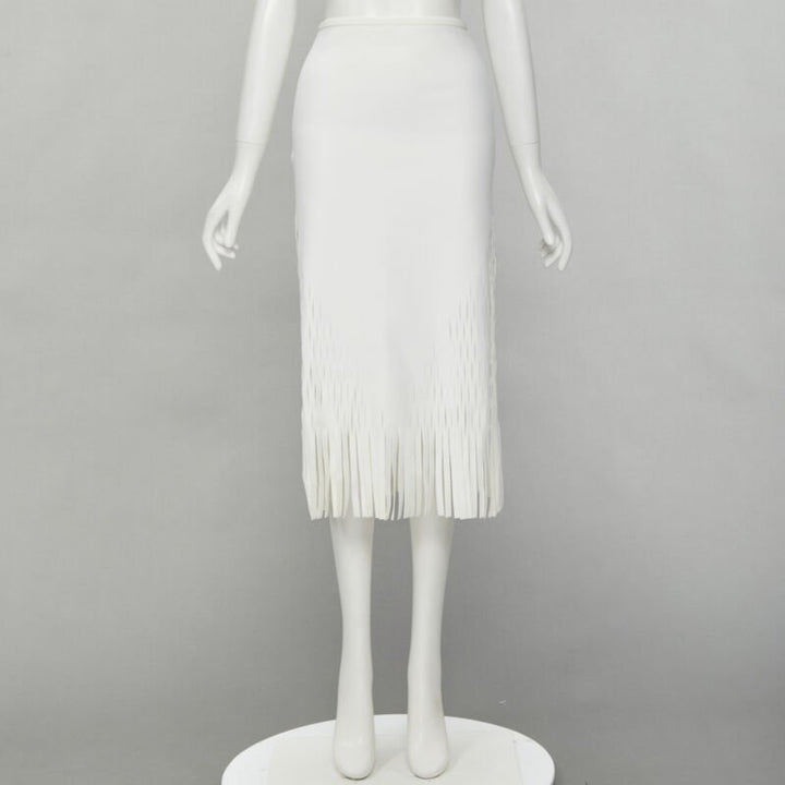 DION LEE white honeycomb cut out fringe hem midi skirt AUS 6 US2 XS