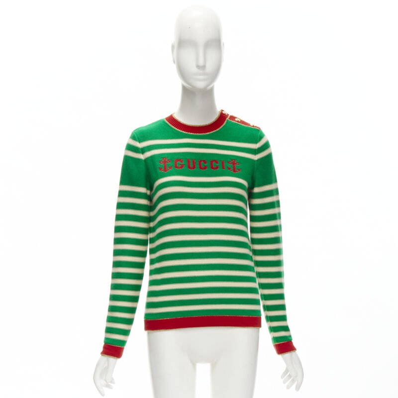 GUCCI Nautical sailor intarsia embroidery green beige striped sweater XS