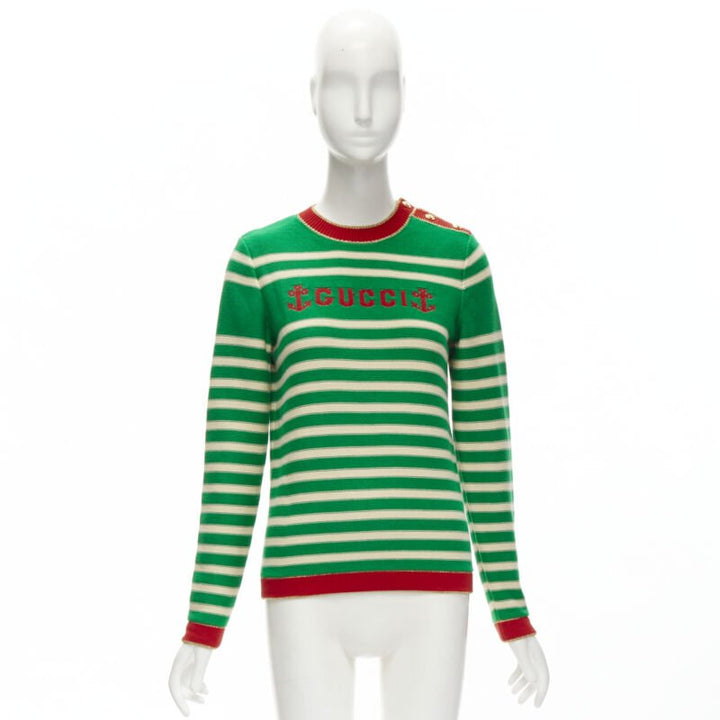 GUCCI Nautical sailor intarsia embroidery green beige striped sweater XS