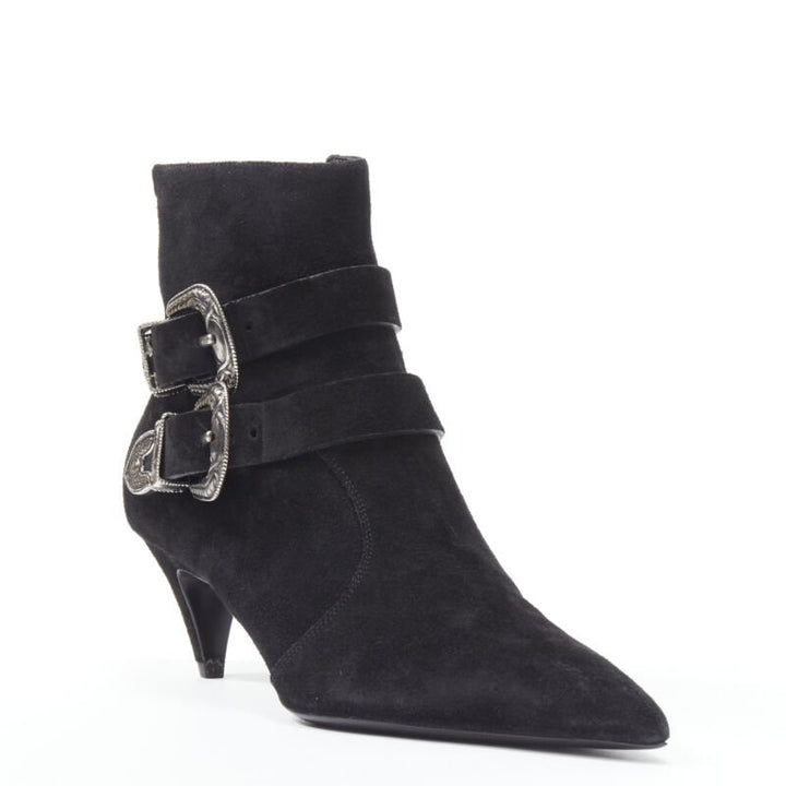 SAINT LAURENT Charlotte 55 black suede silver western buckle bootie EU37