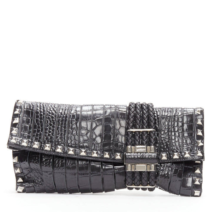 JIMMY CHOO Chandra black croc embossed studs woven magnet clasp clutch bag