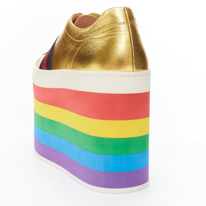 GUCCI Alessandro Michele Peggy rainbow gold web platform sneakers EU37.5