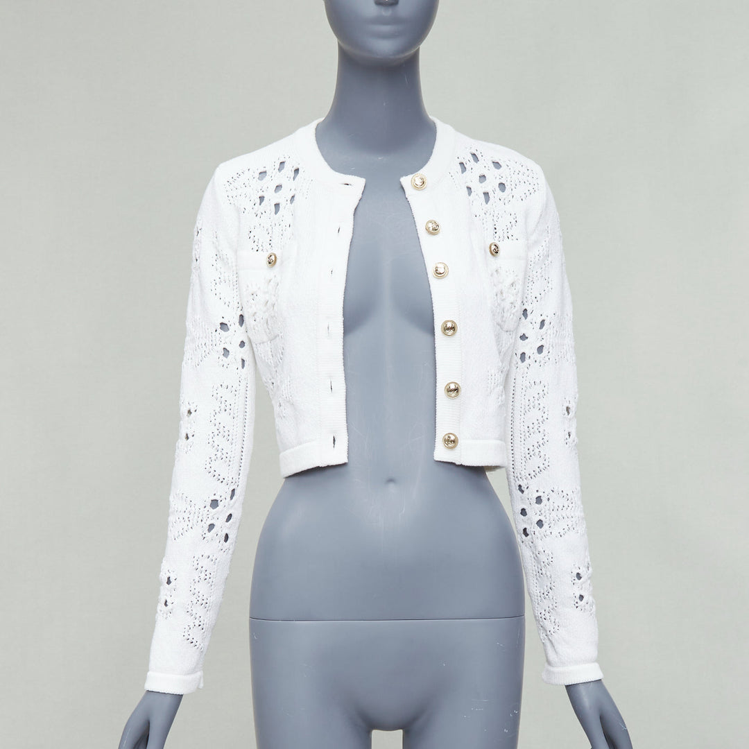 CHANEL 2021 white cotton gold CC button crochet knit cropped cardigan FR34 XS