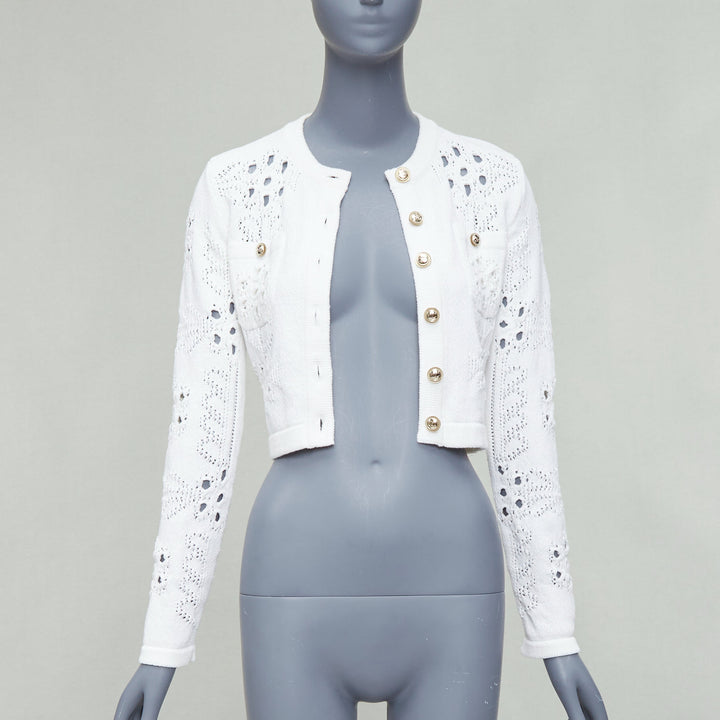 CHANEL 2021 white cotton gold CC button crochet knit cropped cardigan FR34 XS