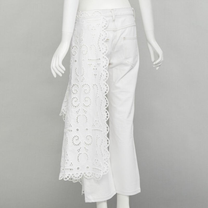 MONSE white denim cotton embroidery anglais draped trim straight leg jeans US2 S