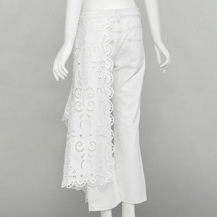 MONSE white denim cotton embroidery anglais draped trim straight leg jeans US2 S