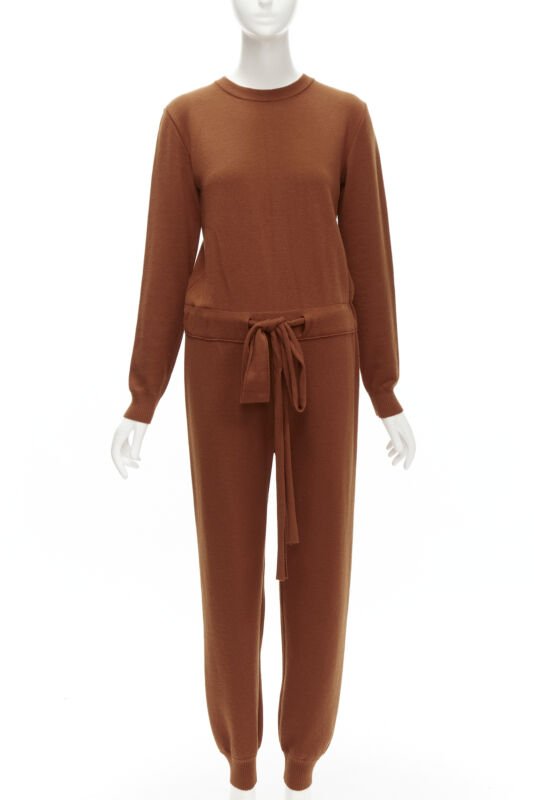 OSCAR DE LA RENTA 2019 100% virgin wool brown drawstring knitted jumpsuit S