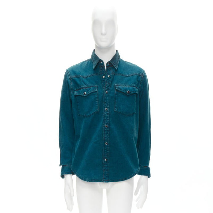 BALENCIAGA 2018 turquoise acid dye washed heavy cotton ripped cuff shirt EU38 S