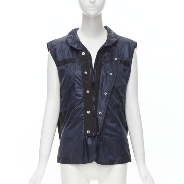 SACAI 2015 navy blue light nylon technical pocket grosgrain zip vest S