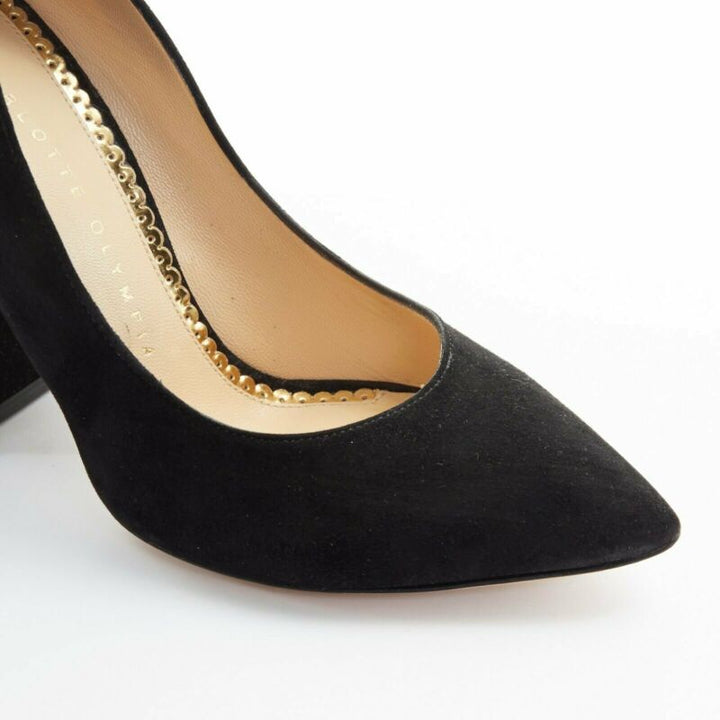 CHARLOTTE OLYMPIA black suede point toe spider embroidered chunky high heel EU35
