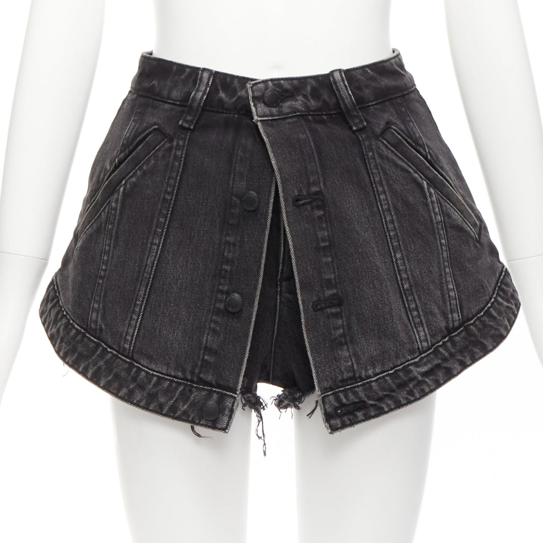 ALEXANDER WANG black washed cotton layered skort high waist cutaway shorts 25"