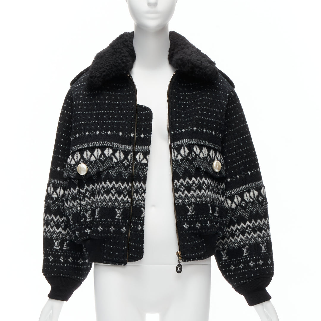 LOUIS VUITTON black LV logo intarsia argyle wool boxy aviator jacket FR34 XS