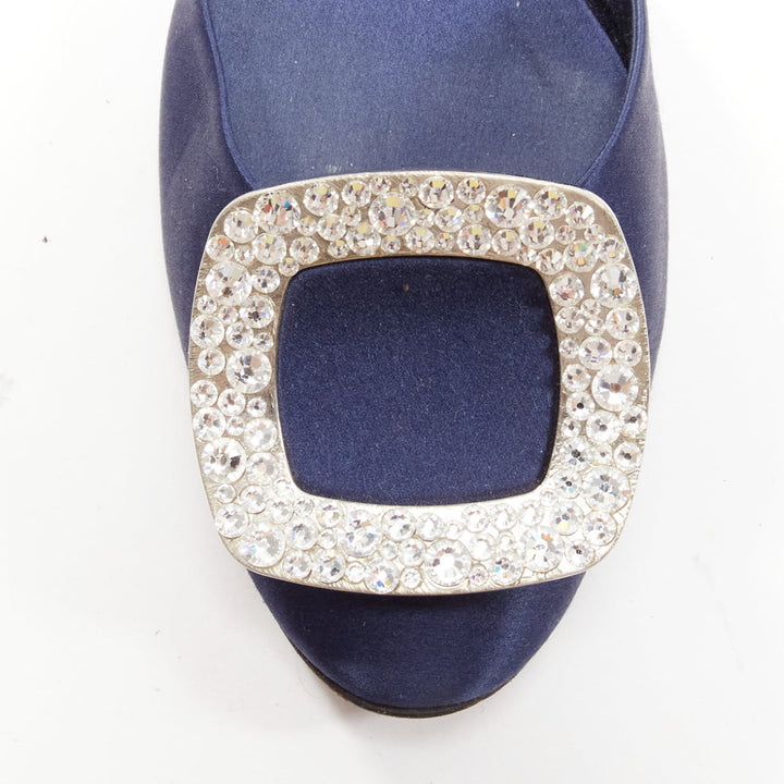 ROGER VIVIER Chips Strass navy satin crystal square buckles flat shoes EU35