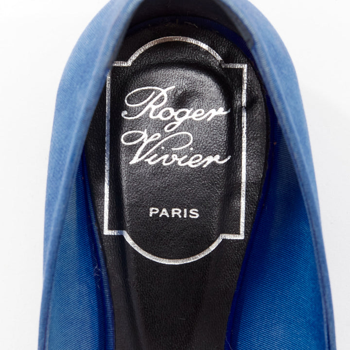 ROGER VIVIER blue satin crystal square buckles woven front pep toe flats EU34.5