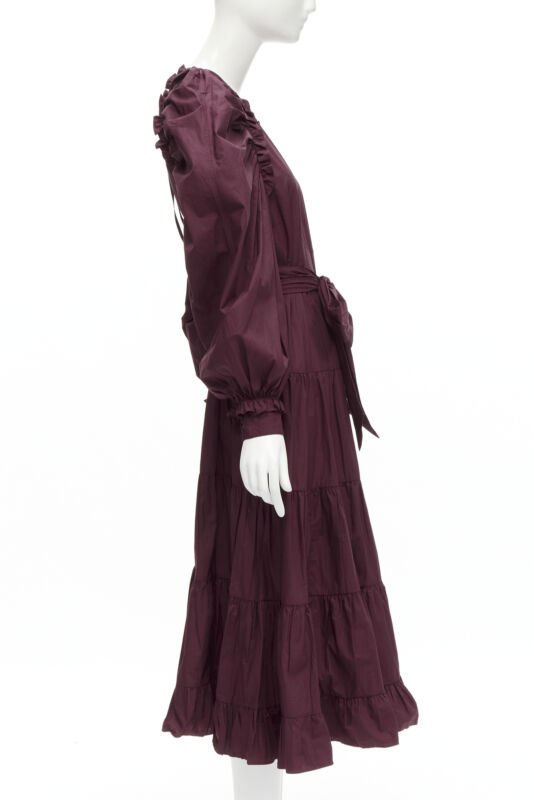 ULLA JOHNSON burgundy cotton bow belt balloon sleeves flared midi dress US2 XS